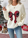 White 1980s Christmas Plaid Bow Round Neck Sweater