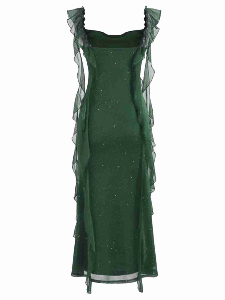 Green 1920s Sparkle Mesh Ruffle Backless Dress