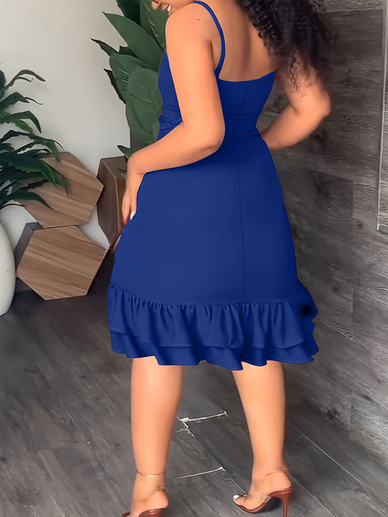 [Plus Size] Blue 1960s Spaghetti Strap Ruffles Hem Dress