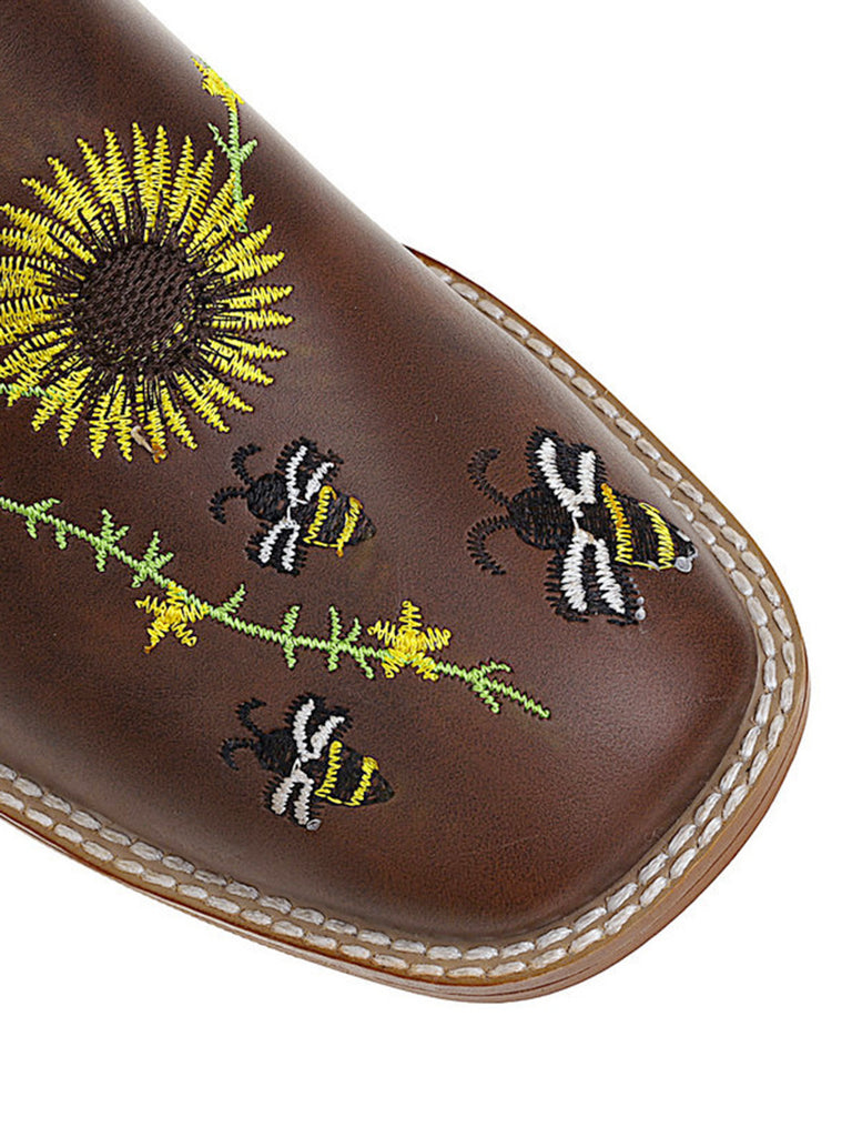Brown Sunflower Embroidered Western Cowgirl Mid Calf Boots