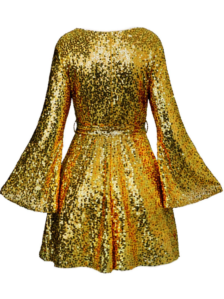1970s V-Neck Flare Sleeve Sequined Disco Dress