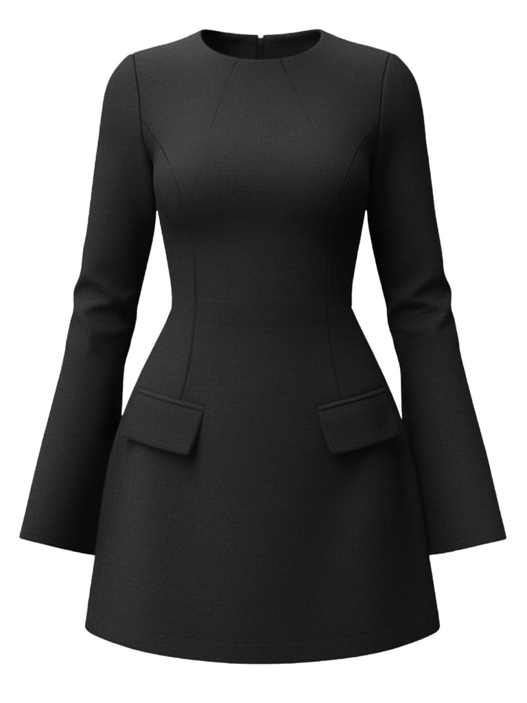 1960s Long Sleeve Faux Pockets Solid Dress