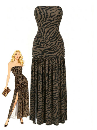 1930s Bandeau Zebra Print Mesh Split Dress