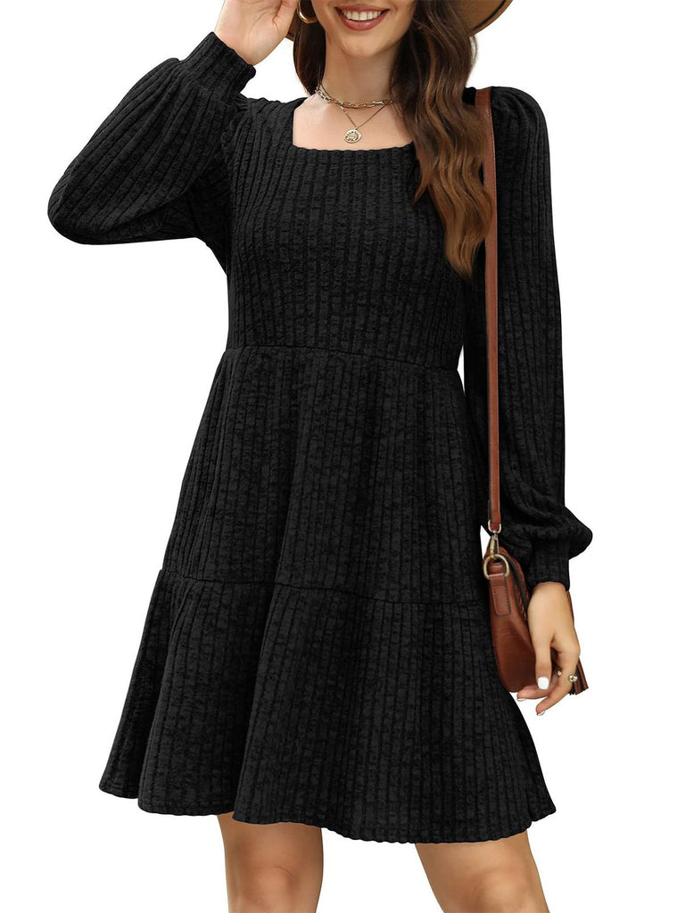 1950s Solid Ribbed Square Neck Long-Sleeve Dress