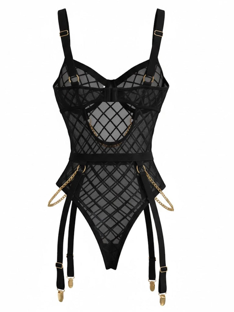 1970s Strappy Chain Accents Sheer Mesh Lingerie