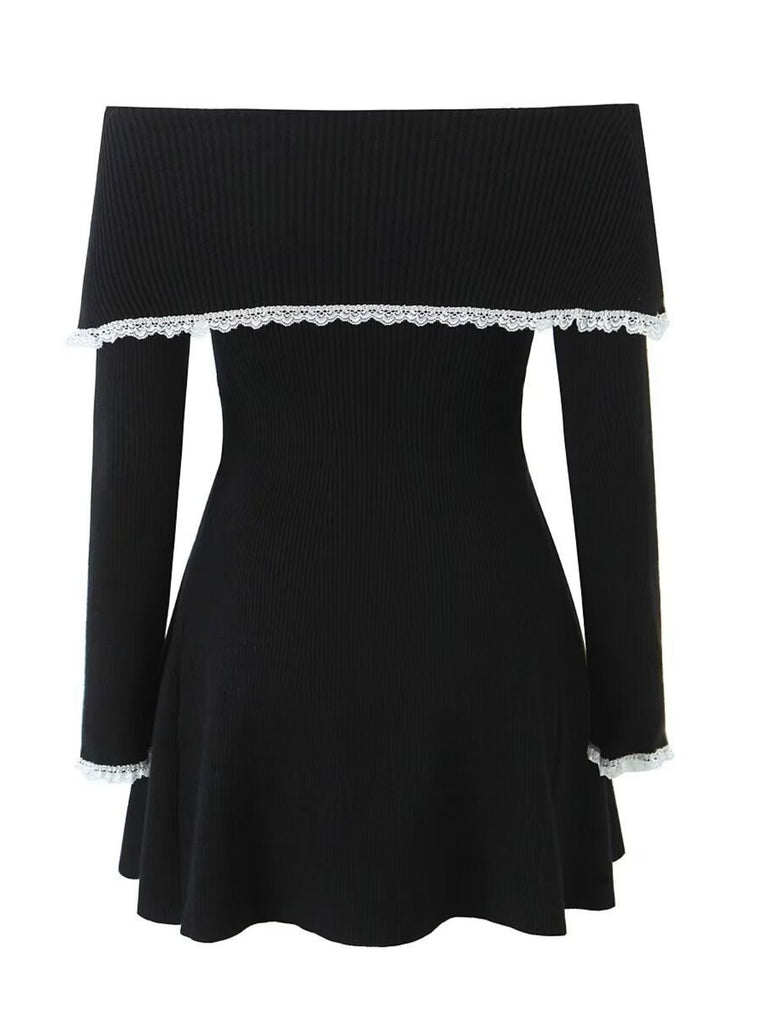 White 1970s Off-Shoulder Lace Knitted Dress