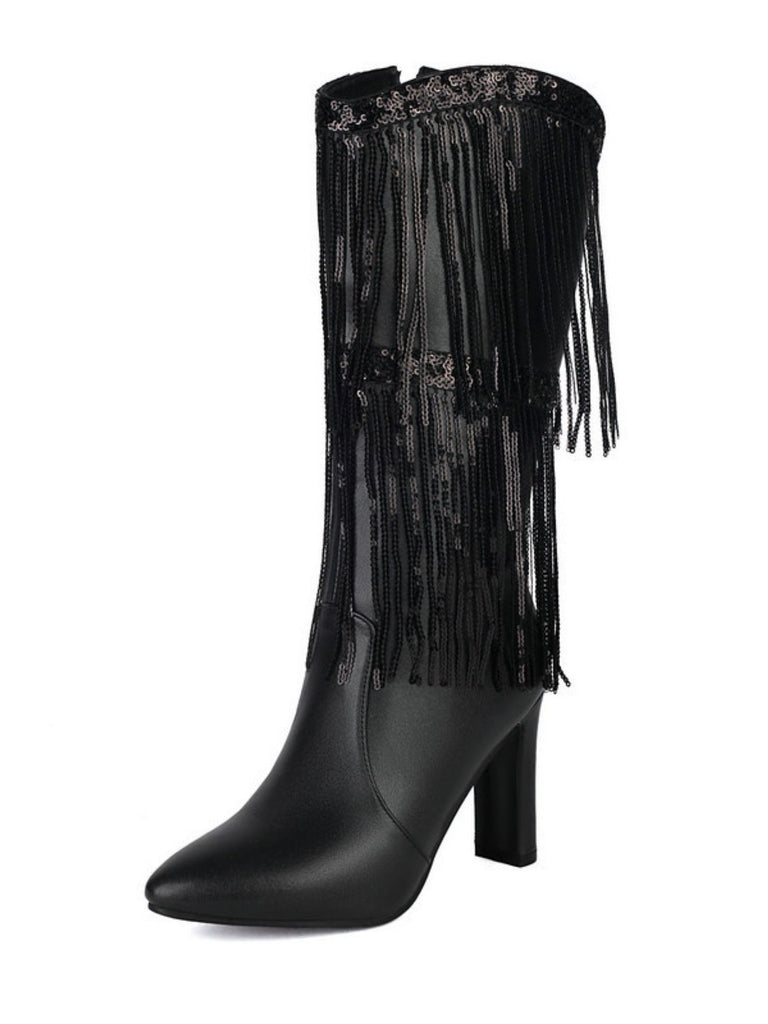 Metallic Pointed-Toe Fringed Disco Ankle Boots
