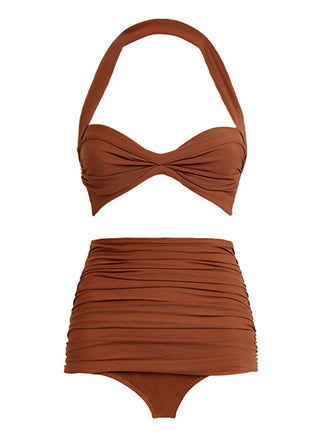 Brown 1950s Solid Mesh Halter Swimsuit