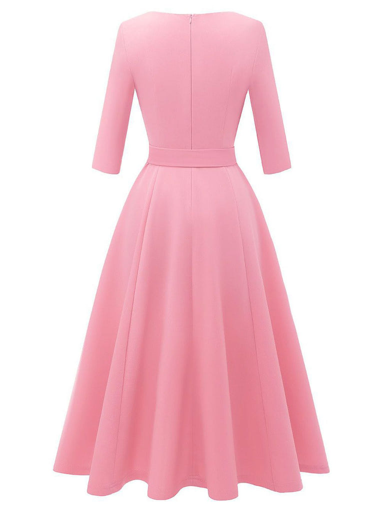 1940s Solid Fit Bow 3/4 Sleeves Swing Dress