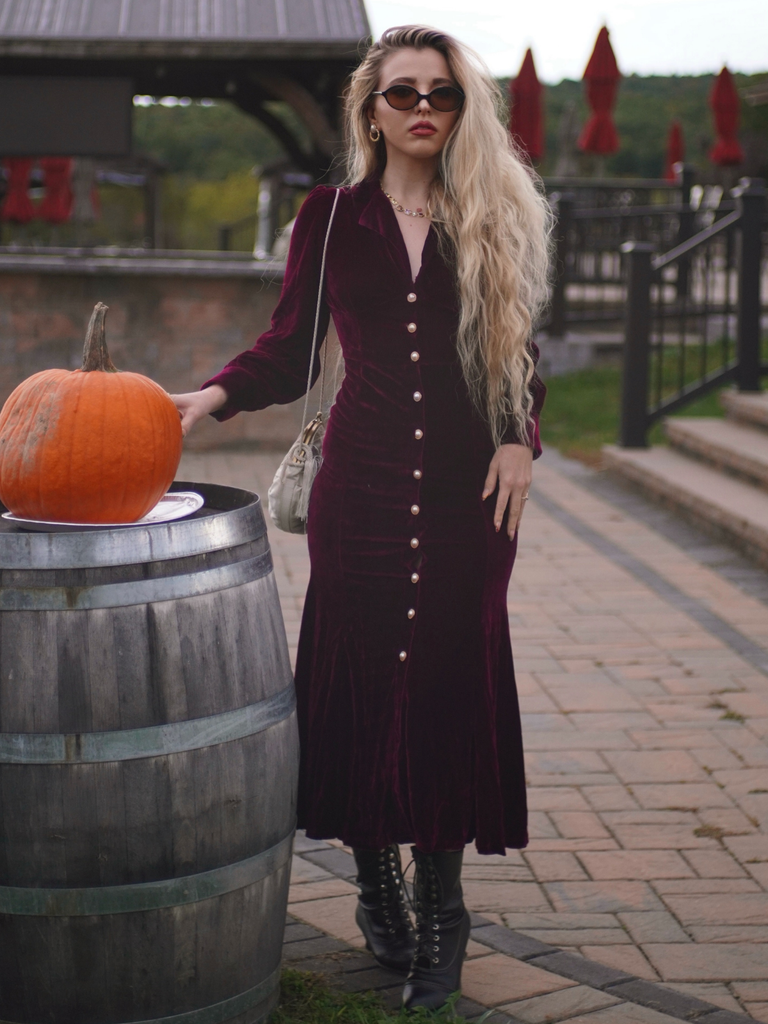Red 1930s Velvet Pearl Lantern Sleeve Mermaid Dress