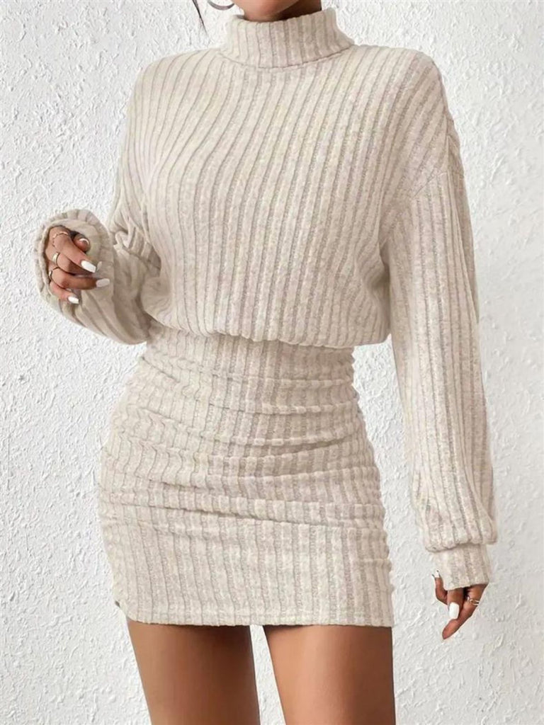 Gray 1960s Ribbed Turtleneck Sweater Bodycon Dress