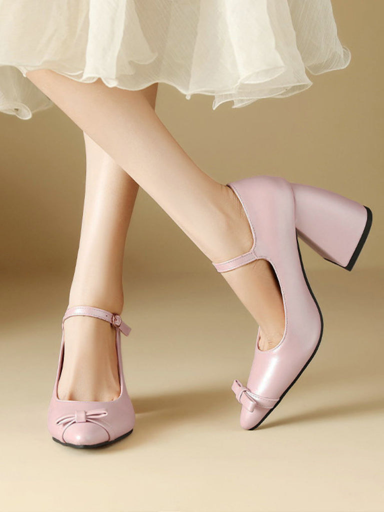 Vintage Bow Strap Point Toe Chunky Heels