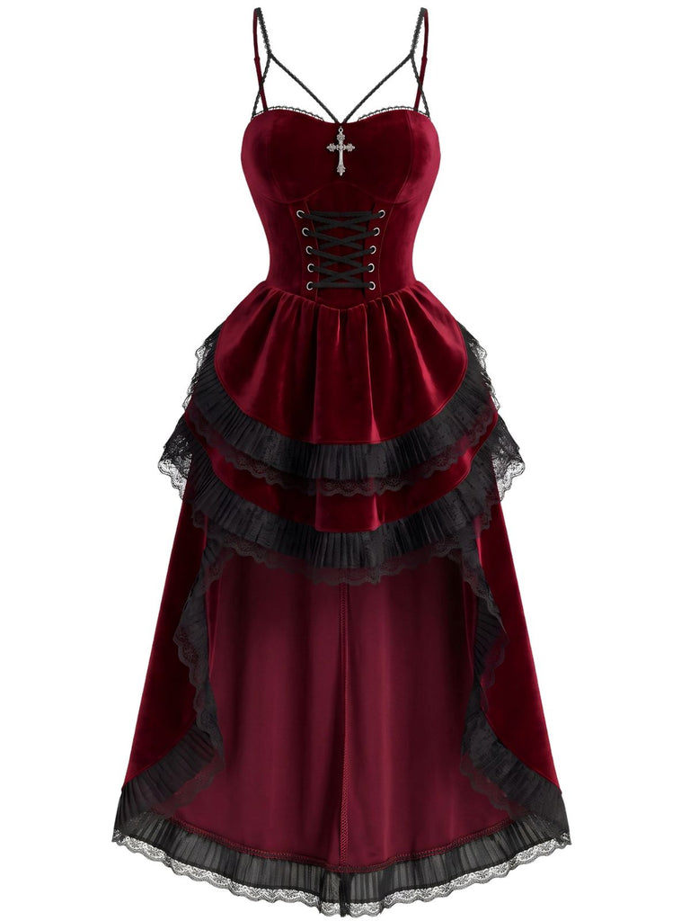 1940s Halloween Gothic Velvet Bustle Tail Asymmetrical Dress