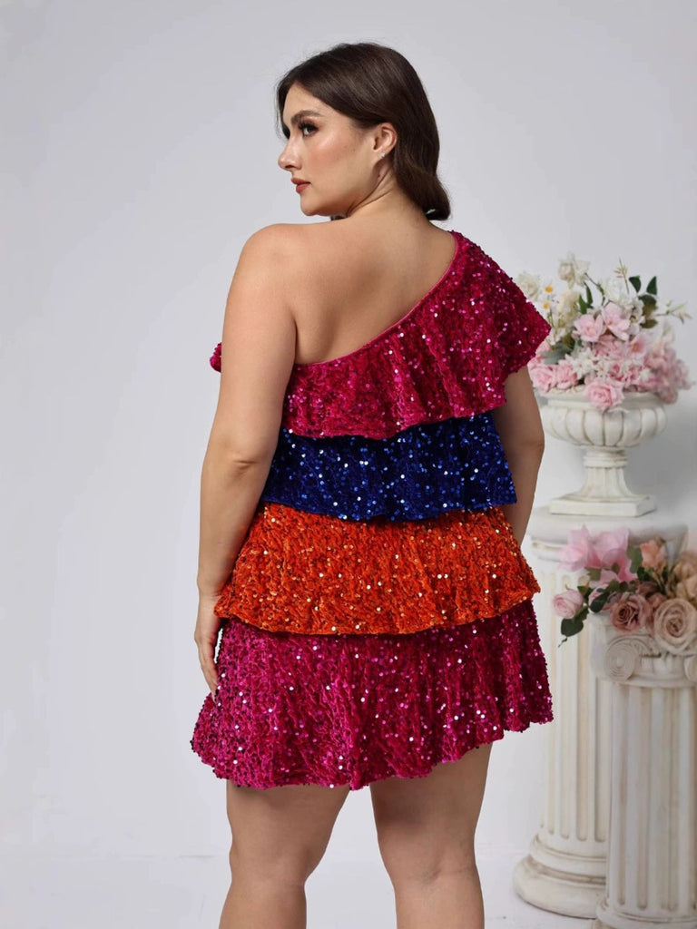[Plus Size] 1970s One-Shoulder Sequin Tiered Dress