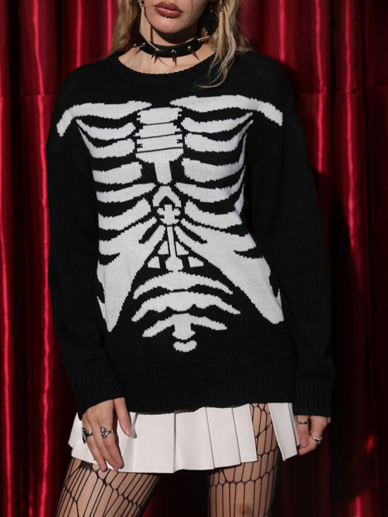 Black 1950s Halloween Skeleton Print Knit Sweater