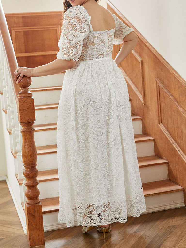 [Plus Size] White 1950s Lace Square Neck Maxi Dress