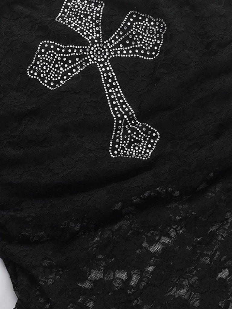 Black 1980s Cross Rhinestone Lace Strapless Tank Top