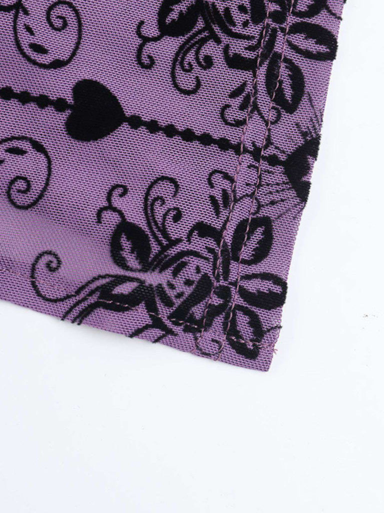 Purple 1930s Rose Flocked Neo-Chinese Dress