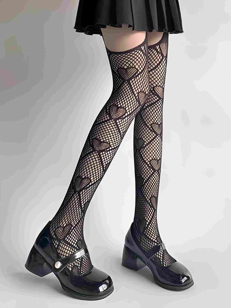 Heart Pattern Thigh High Fishnet Stockings