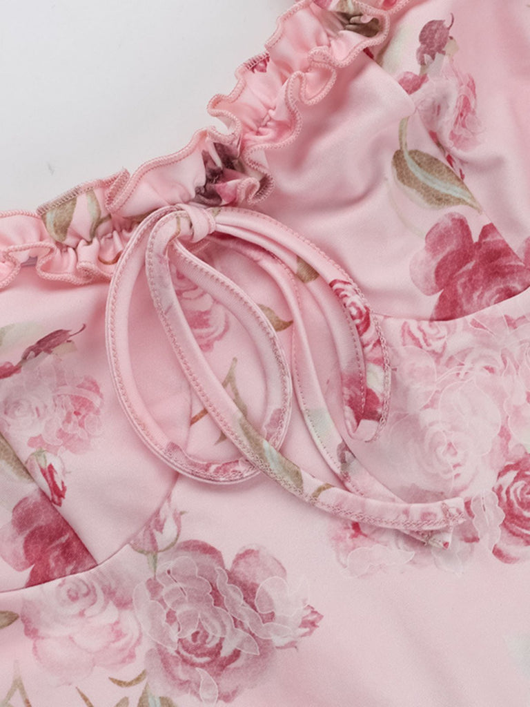 Pink 1960s Spaghetti Strap Roses Nightgown