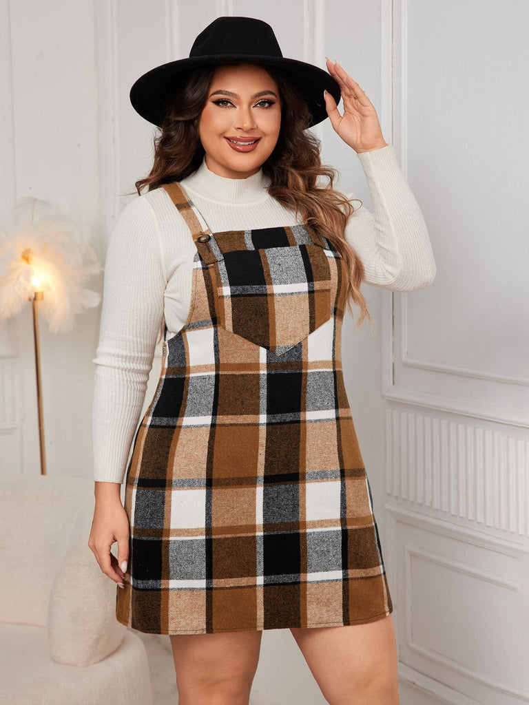 [Plus Size] 1940s Plaid Button-Strap Pinafore Dress