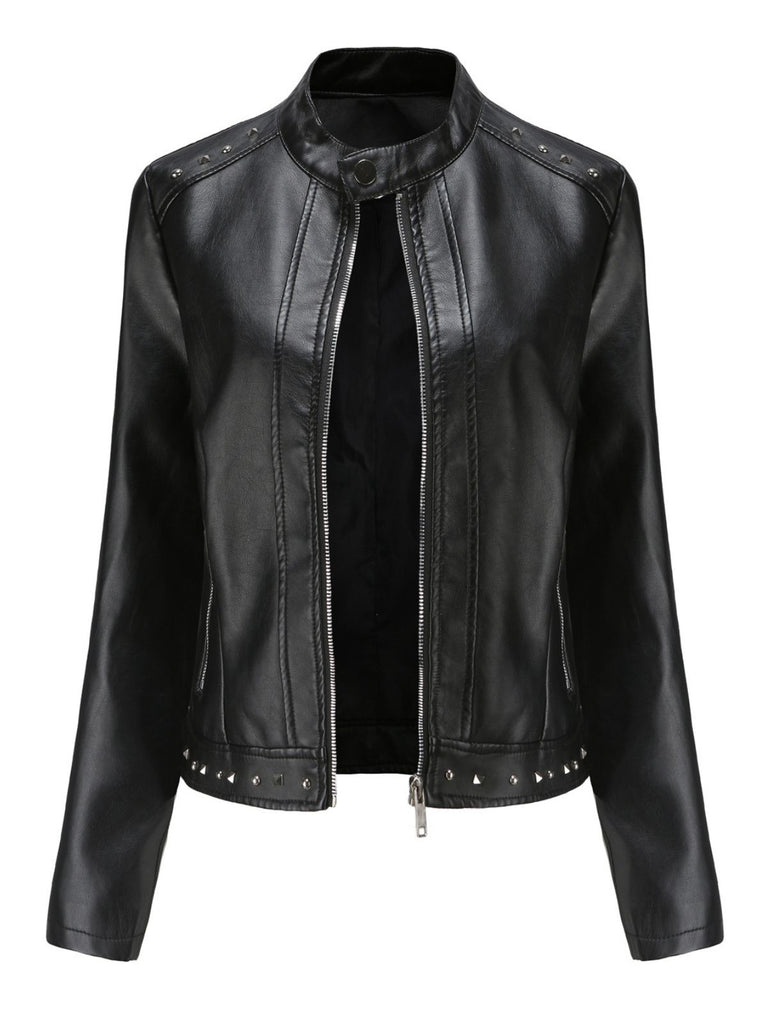 1940s Solid Studded Stand Collar Leather Jacket