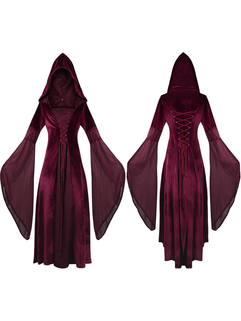 1980s Velvet Medieval Lace-Up Hooded Dress