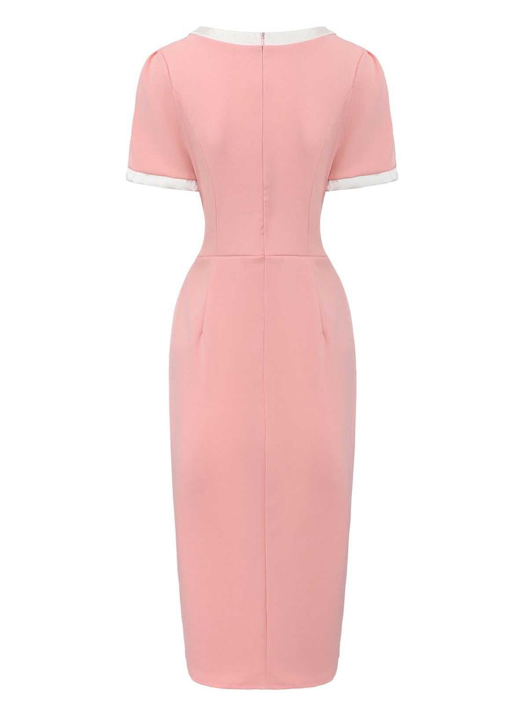 1960s Round Neck Colorblock Bow Bodycon Dress