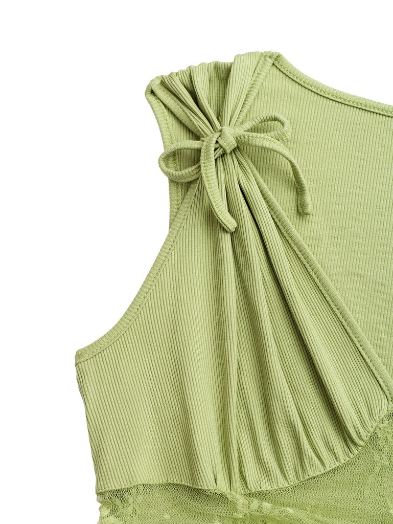 1950s Tie-Shoulder Lace Waist V-Neck Fit Romper