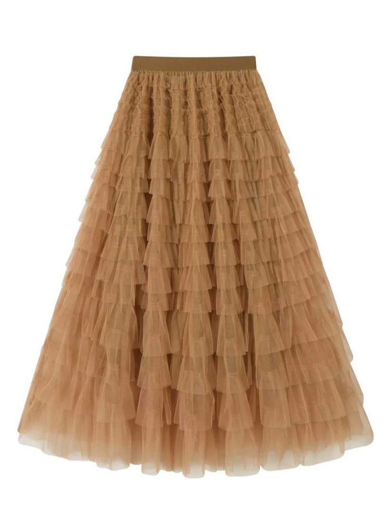 1940s Tiered Mesh Ruffle A-Line Solid Skirt