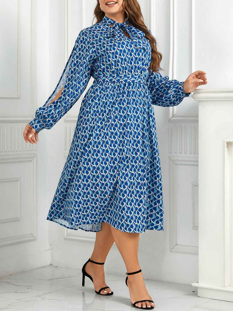 [Plus Size] Blue 1940s Lace Up Puff Sleeve Dress