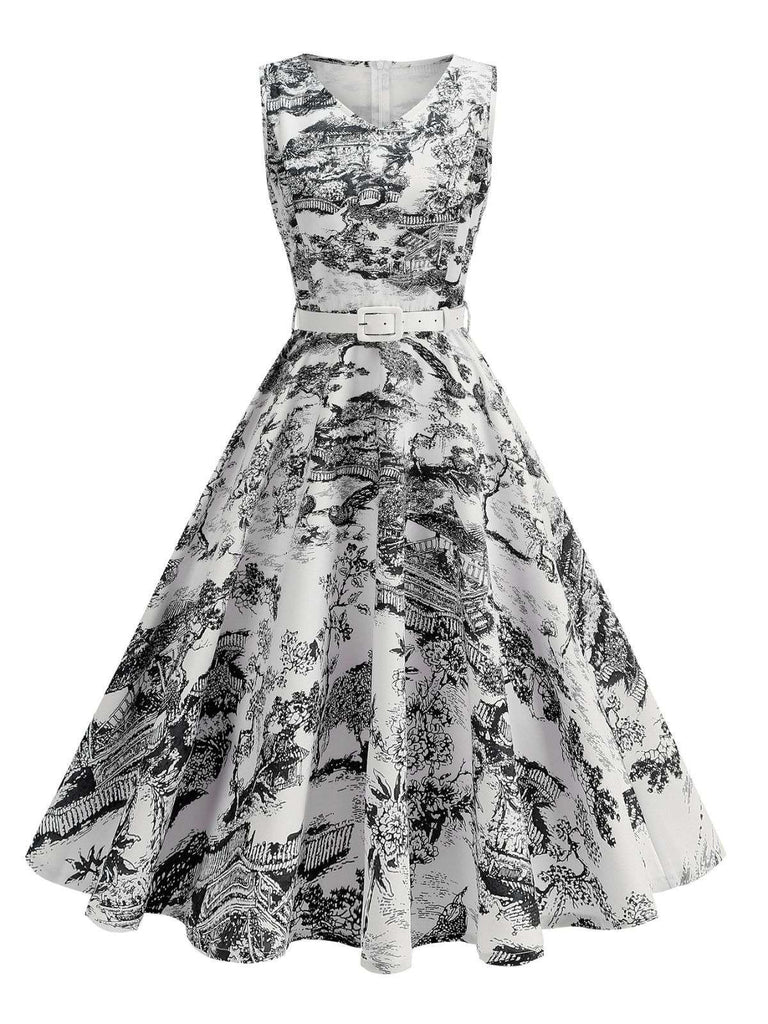 1950s Porcelain Landscape Sleeveless Belted Dress