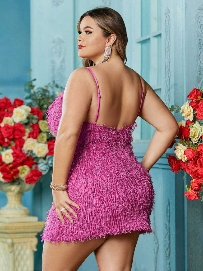 [Plus Size] Rose Pink 1980s Fringed Spaghetti Strap Bodycon Dress