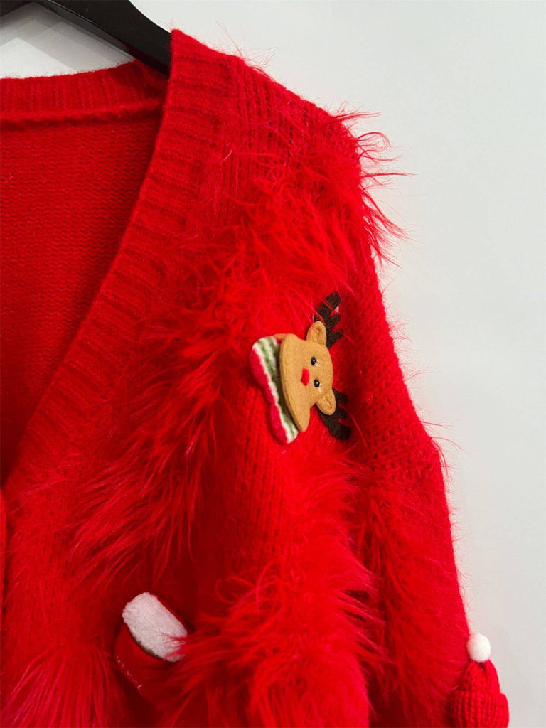 1970s 3D Christams Print Fluffy Knit Button Cardigan