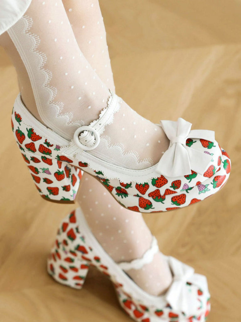 Retro Leather Strawberry Bow Chunky Heels