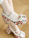 Retro Leather Strawberry Bow Chunky Heels