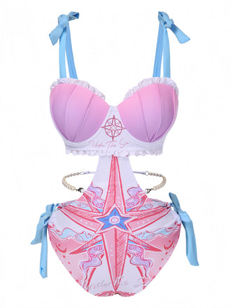 1970s Ruffled Pearl Chain Hollow Waist Swimsuit