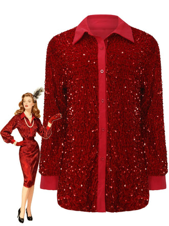 1940s Solid Velvet Sequined Lapel Blouse