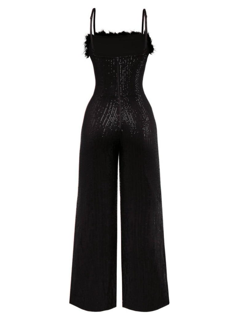1970s Sequined Fur Trim Patchwork Spaghetti Strap Jumpsuit