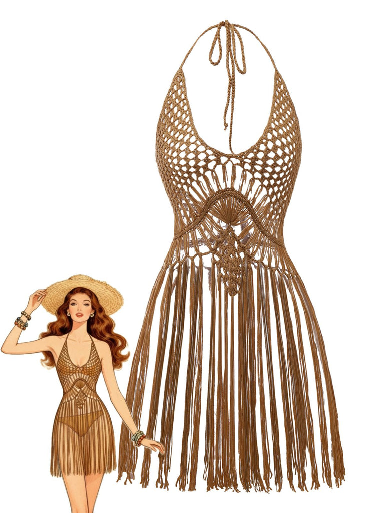 1960s Crochet Fringe Cutout Halter Bikini Cover-Up