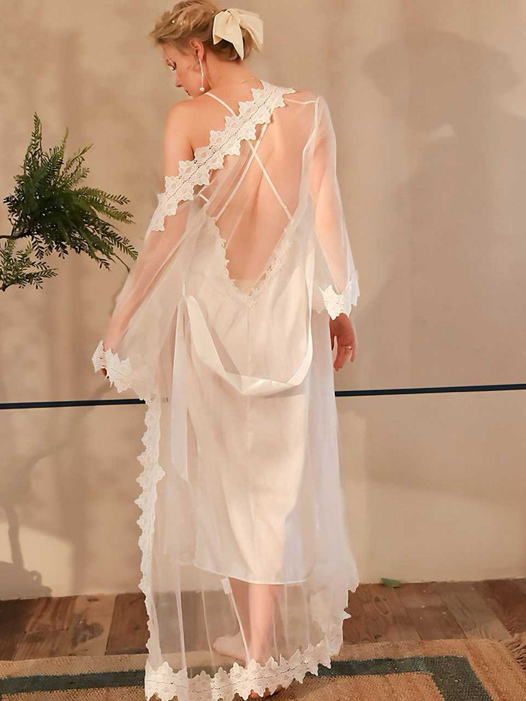 White 1930s Sheer Mesh Lace Nightdress Set