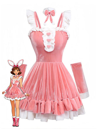 Pink 1970s Christmas Velvet Ruffle Bunny Girl Dress Set