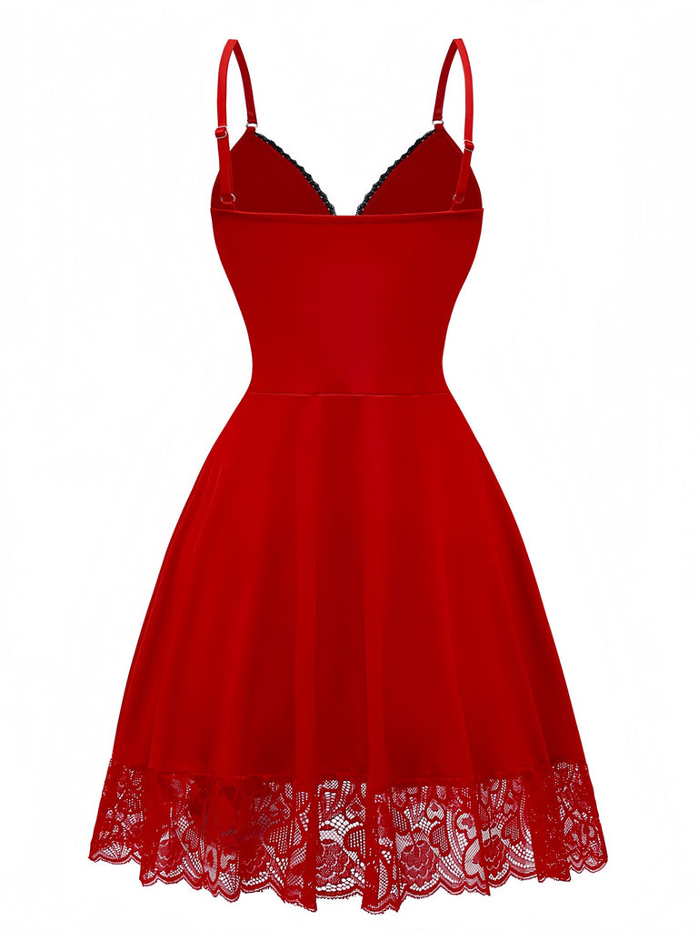 Red 1940s Spaghetti Strap Lace Trim Nightgown