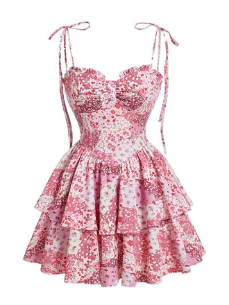 Pink 1980s Spaghetti Strap Ditsy Floral Tiered Dress
