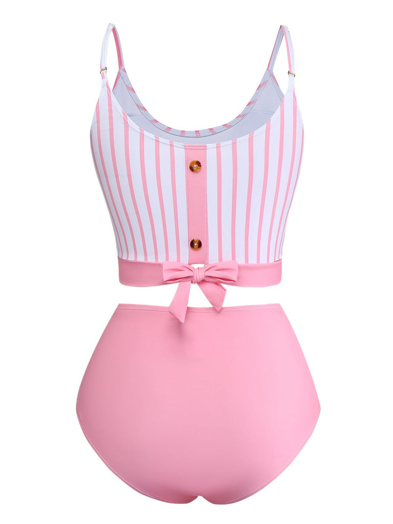 Pink 1950s Striped Bow Tie Back Swimsuit