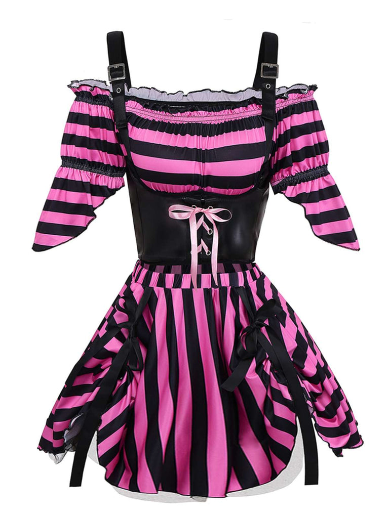 2PCS Pink 1970s Halloween Striped Pirate Costume Set