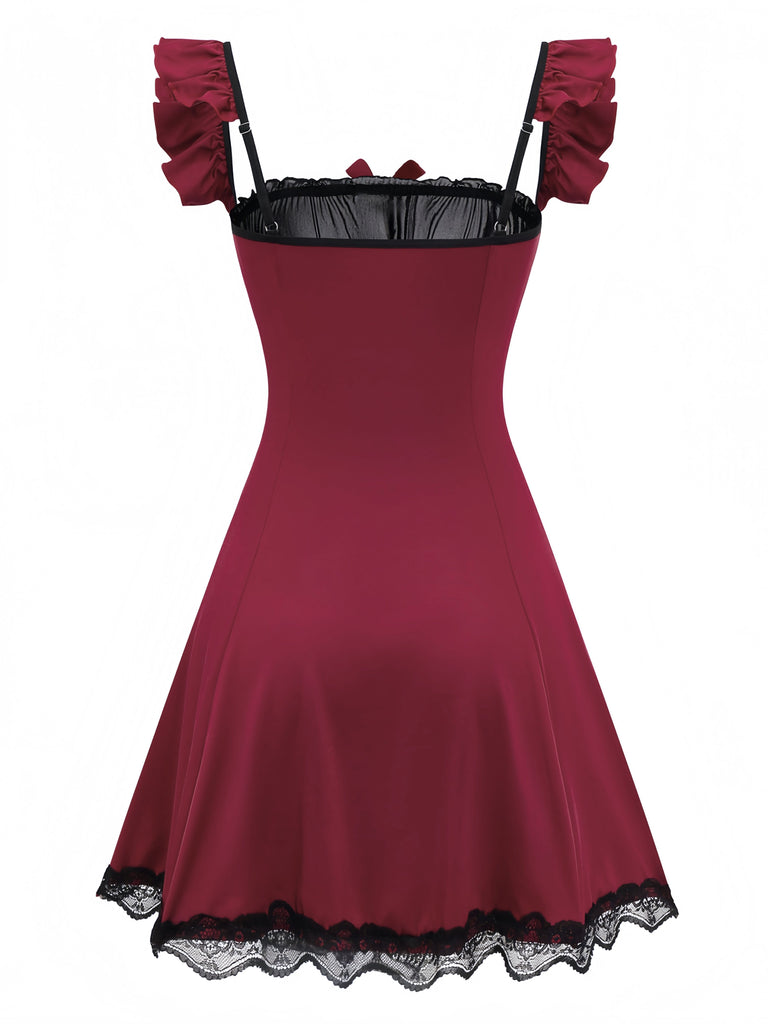 Red 1960s Bow Lace Patchwork Ruffled Nightgown