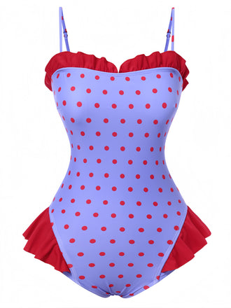 Purple 1950s Polka Dots Ruffles One-Piece Swimsuit