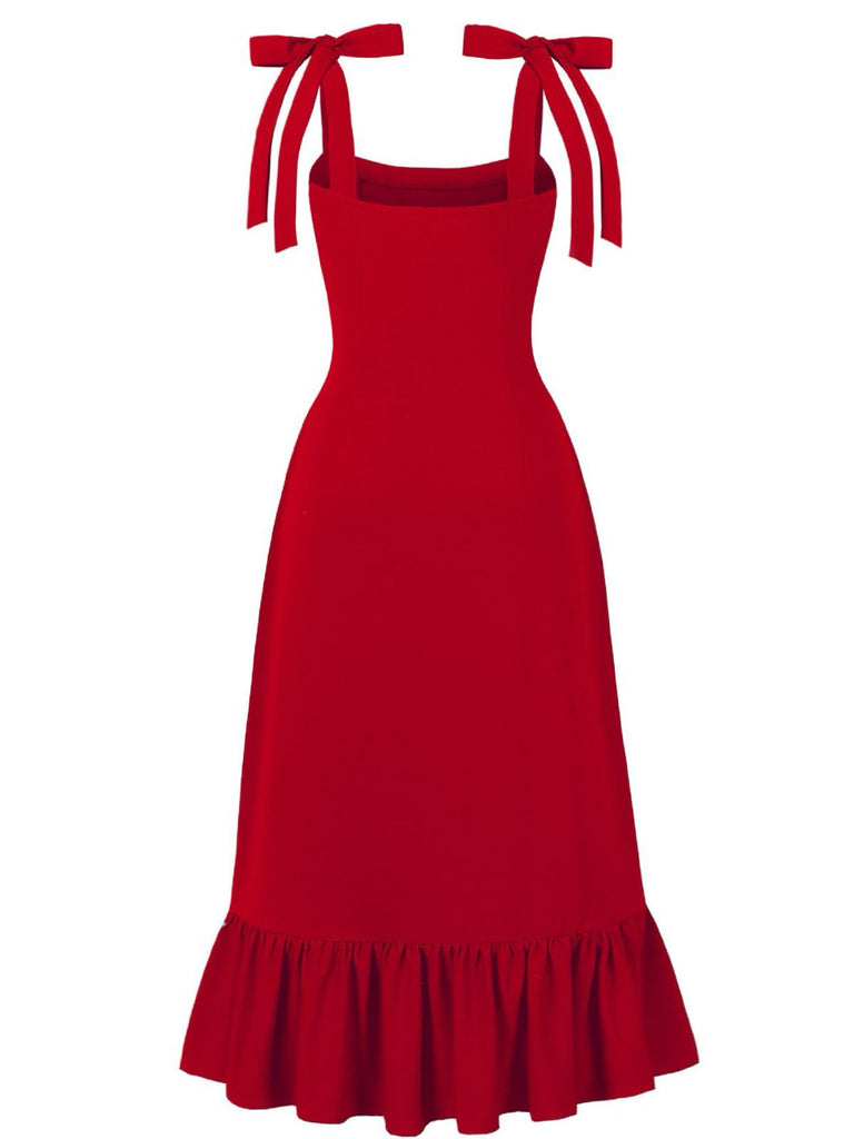 1930s Solid Bow Slit Ruffled Hem Suspender Dress