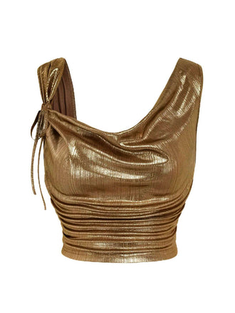 Gold 1960s Bow Sleeveless Ruched Stretch Top